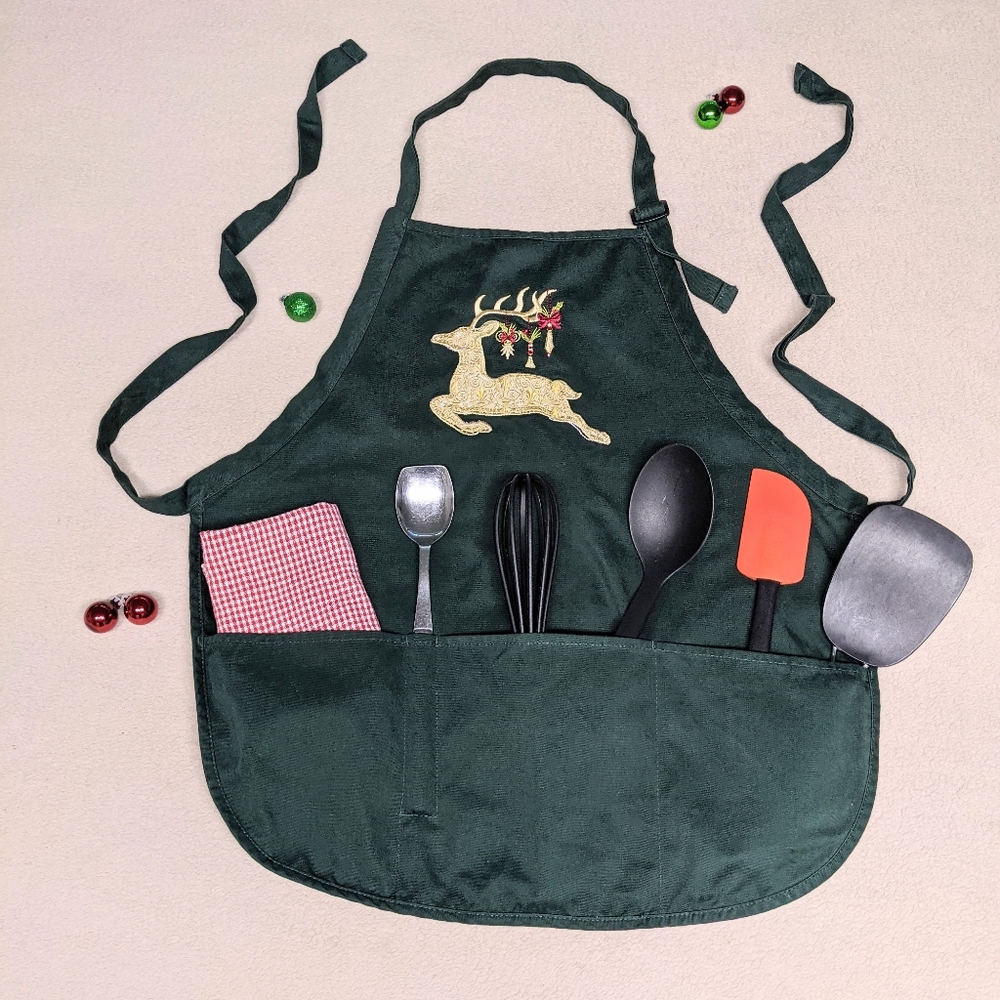 Port Authority Christmas Apron embroidery reindeer Rhinestones 3 pockets tie